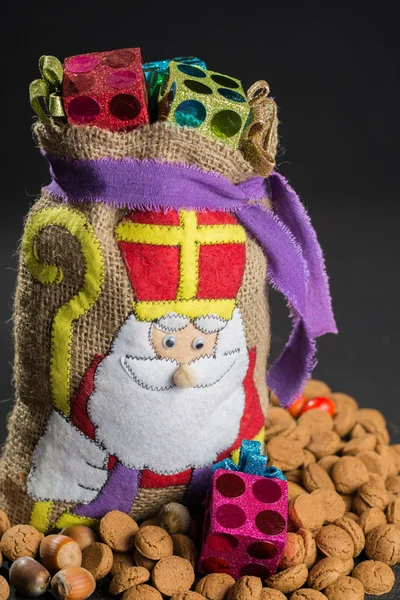 St. Nicholas' bag for children filled with traditional Dutch cookies — Stock Photo, Image