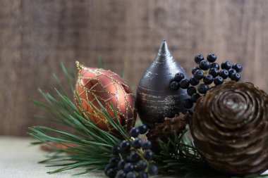 Noel dekorasyonu, çam kozalakları ve orman meyveleri kopya alanı