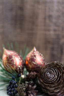 Noel dekorasyonu, çam kozalakları ve orman meyveleri kopya alanı