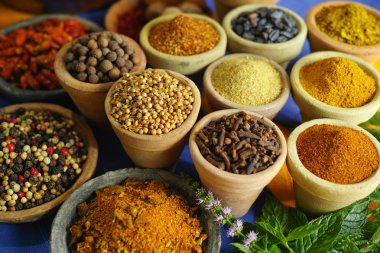 Eski kil kase içinde farklı baharatlar topluluğu 