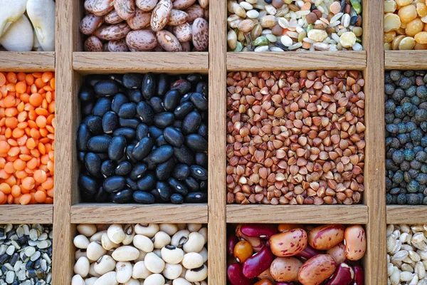 Colección surtido de lentejas, frijoles, guisantes, granos, grañones, soja — Foto de Stock