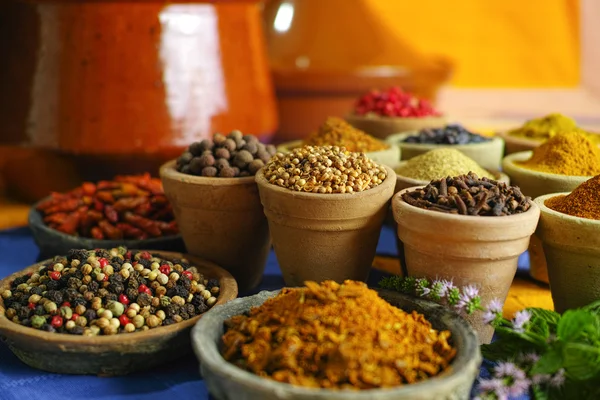 Colección de diferentes especias en cuencos viejos de arcilla en ori colorido — Foto de Stock