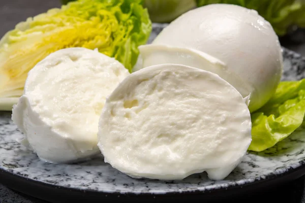 Cheese Collection Balls Soft White Mozzarella Buffala Cheese Served Green — Stock Photo, Image