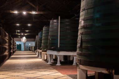 Portekiz 'in kuzeyindeki Vila Nova de Gaia' da güçlendirilmiş yakut ya da tawny porto şarabının yavaş yaşlanması için meşe ağacı fıçılarıyla dolu eski bir porto kulübesi.