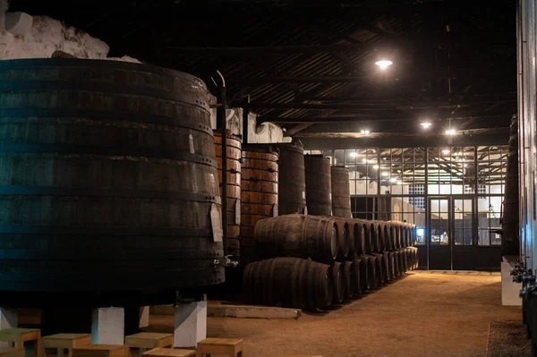 Vecchia Loggia Portuale Con File Botti Legno Quercia Lento Invecchiamento — Foto Stock