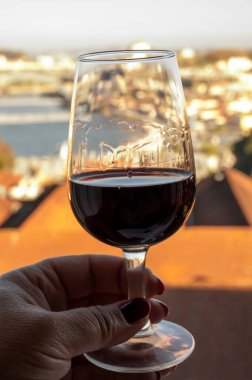 Farklı tahkim edilmiş tatlı yakutlarının, Douro nehrinin manzaralı tawny porto şaraplarının, Vila Nova de Gaia 'nın porto localarının ve Portekiz' in Porto şehrinin günbatımında tadına bakmak.