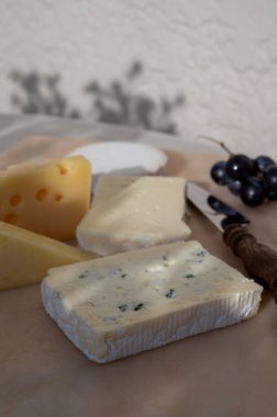 Mermer tahtada Fransız peyniri koleksiyonu, emmental, carre de aurillac, petit cantal AOP Jeune, buche chevre ve brie
