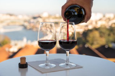 Güçlendirilmiş tatlı yakutu, Douro nehrinin manzaralı tawny porto şarapları, Vila Nova de Gaia 'nın porto locaları ve gün batımında Portekiz' in Porto kenti.