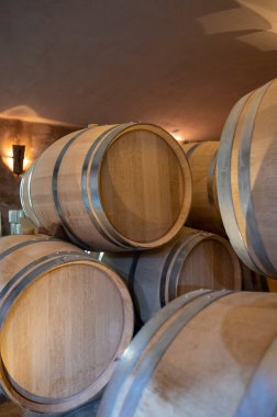 Fransa 'nın güneyinde, Collobrieres, Provence bölgesi yakınlarındaki Cotes de Provence' de şarap mahzeninde şarap fıçıları bulunan mağara, Fransa 'da kırmızı ve gül şarabı üretimi