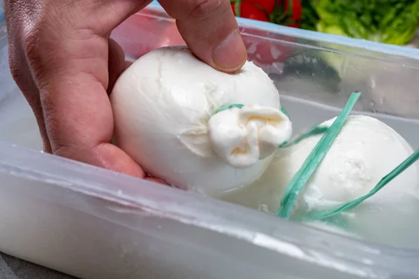 Käsemacher Hält Frischen Italienischen Weichkäse Aus Apulien Weiße Burrata Bällchen — Stockfoto