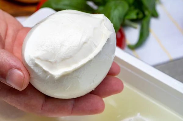 Fabricante Queso Sosteniendo Mano Queso Italiano Suave Fresco Campania Bolas — Foto de Stock