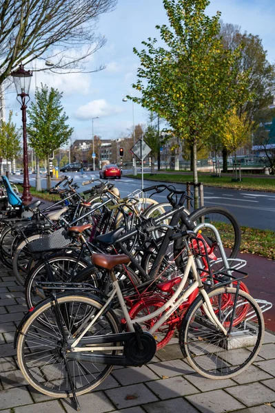 City life and transportation in Netherlands, bicycle parking in old part of sunny Amsterdan