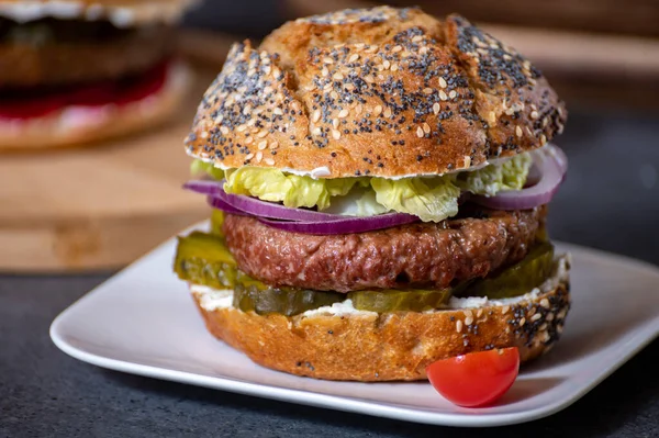 Lunch Dinner Tasty Vegetarian Hamburgers Made Plant Based Grilled Burgers — Stock Photo, Image