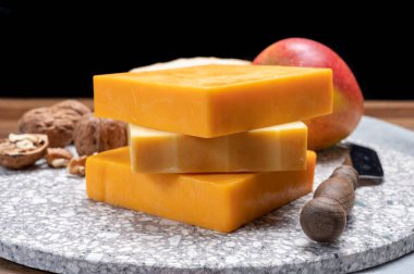 Peynir koleksiyonu, turuncu ve sarı tütsülenmiş İngiliz peyniri İngiltere 'den