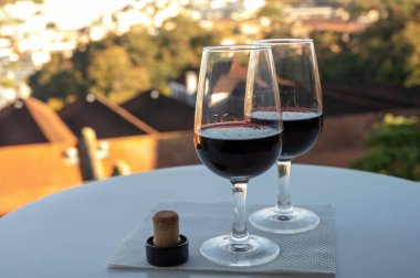 Farklı tahkim edilmiş tatlı yakutlarının, Douro nehrinin manzaralı tawny porto şaraplarının, Vila Nova de Gaia 'nın porto localarının ve Portekiz' in Porto şehrinin günbatımında tadına bakmak.