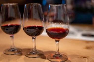 Porto, Portekiz 'deki şarap mahzenlerinde şarap kadehlerinde bulunan farklı güçlendirilmiş tatlı yakutunun profesyonel tatma, tawny port şarapları.