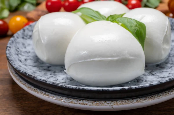 Cheese Collection White Balls Soft Italian Cheese Mozzarella Served Red — Stock Photo, Image