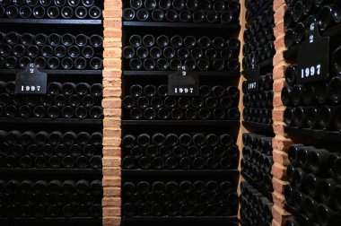 Portekiz 'in kuzeyinde, Vila Nova de Gaia, Portekiz' in eski mahzenlerinde kaliteli yakut ya da tawny porto şarabı şişeleri