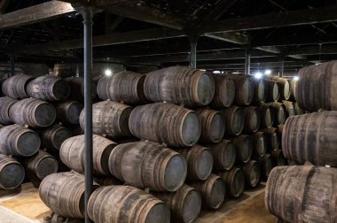 Portekiz 'in kuzeyindeki Vila Nova de Gaia' da güçlendirilmiş yakut ya da tawny porto şarabının yavaş yaşlanması için meşe ağacı fıçılarıyla dolu eski bir porto kulübesi.