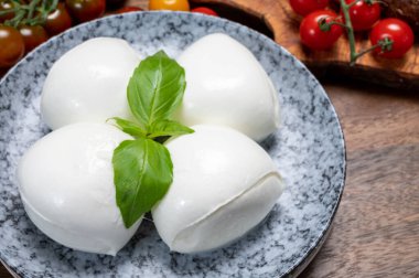 Peynir koleksiyonu, beyaz İtalyan peynirli mozzarella topları, kırmızı vişneli domates ve taze fesleğen yapraklarıyla servis ediliyor.