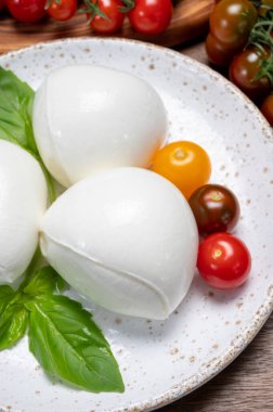 Peynir koleksiyonu, beyaz İtalyan peynirli mozzarella topları, kırmızı vişneli domates ve taze fesleğen yapraklarıyla servis ediliyor.
