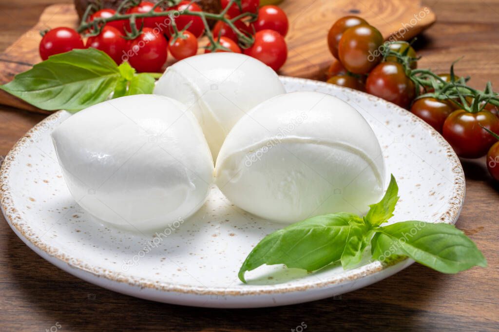 Cheese collection, white balls of soft Italian cheese mozzarella, served with red cherry tomatoes, fresh basil leaves close up