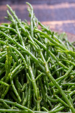 Lezzetli vejetaryen deniz ürünleri, taze çiğ yeşil salicornia ya da cam salyangoz, turşu.