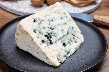 Peynir koleksiyonu, rokfor grotten of roquefort-sur-Soulzon, Fransa 'dan Fransız rokfor peyniri, kapatın.