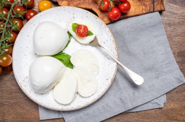 Peynir koleksiyonu, beyaz İtalyan peyniri mozzarellası yemek, kırmızı vişneli domates ve taze fesleğen yapraklarıyla servis edilmek.