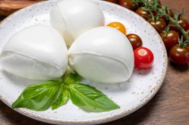 Peynir koleksiyonu, beyaz İtalyan peynirli mozzarella topları, kırmızı vişneli domates ve taze fesleğen yapraklarıyla servis ediliyor.