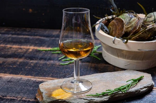 Food and drink pairing, Fresh raw European flat oysters grown in Brittany in Belon river, France, close up and scotch single malt whisky from Islay island, Scotland