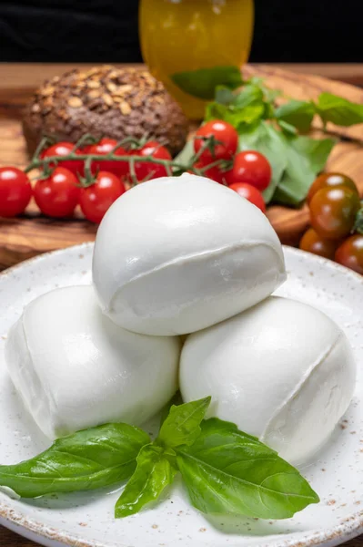 Colección Quesos Bolas Blancas Queso Italiano Suave Mozzarella Servido Con — Foto de Stock