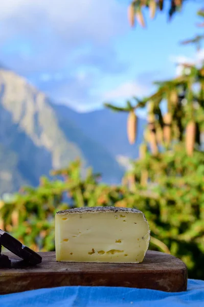 奶酪系列 法式意大利面团或意大利面团奶酪和黑巧克力在室外供应 背景是夏季阿尔卑斯山的山峰 — 图库照片