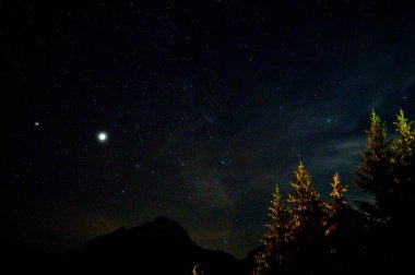 Kozalaklı köknar ağaçları, Fransız Alp dağlarının zirveleri ve geceleri yıldızlı gökyüzü.