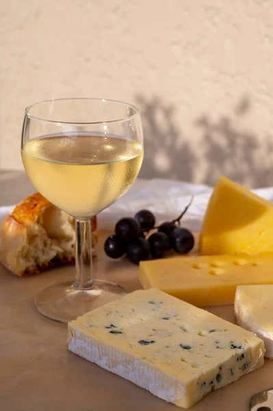 Degustación Maridaje Vino Blanco Frío Con Diferentes Quesos Franceses Soleada — Foto de Stock