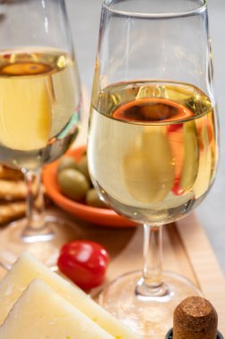 İspanyol tapas, manchego peyniri, yeşil zeytin, peynirli kraker ile servis edilen kuru soğuk fino şeri şarabı.