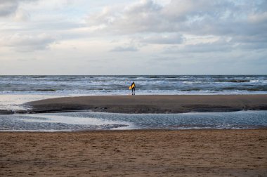 Sörfçü, Hollanda 'nın Zandvoort kenti yakınlarındaki Kuzey Denizi' nin soğuk suyu üzerindeki eğitimini kışın tamamladı.