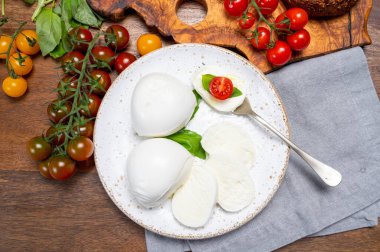 Peynir koleksiyonu, beyaz İtalyan peyniri mozzarellası yemek, kırmızı vişneli domates ve taze fesleğen yapraklarıyla servis edilmek.