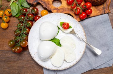 Peynir koleksiyonu, beyaz İtalyan peyniri mozzarellası yemek, kırmızı vişneli domates ve taze fesleğen yapraklarıyla servis edilmek.