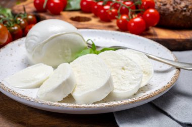 Peynir koleksiyonu, beyaz İtalyan peyniri mozzarellası yemek, kırmızı vişneli domates ve taze fesleğen yapraklarıyla servis edilmek.