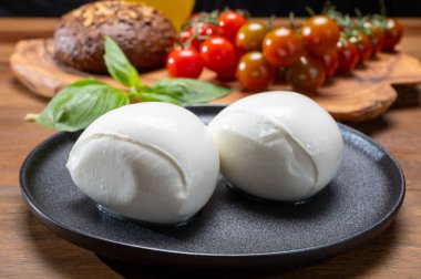 Peynir koleksiyonu, beyaz İtalyan peynirli mozzarella topları, kırmızı vişneli domates ve taze fesleğen yapraklarıyla servis ediliyor.