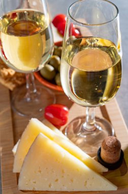 İspanyol tapas, manchego peyniri, yeşil zeytin, peynirli kraker ile servis edilen kuru soğuk fino şeri şarabı.