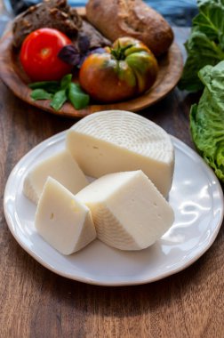 Peynir koleksiyonu, beyaz İtalyan koyun peyniri pecorino primo. Sicilya adasından. Yakın mesafede.