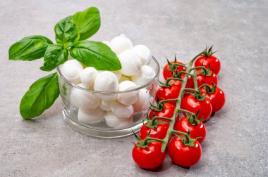 İtalyan üç renkli, küçük toplar taze İtalyan mozzarella peyniri olgun kırmızı kiraz domatesleri ve taze yeşil fesleğen otu Caprese salatası yapmaya hazır, kapatın.