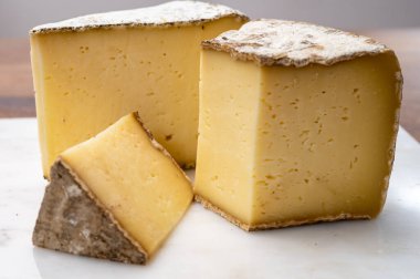 Peynir koleksiyonu, Fransız Alpleri 'ndeki Savoy bölgesinden Tomme de Savoie peyniri, bej rengi ve koyu kahverengi-gri kabuklu yumuşak inek sütü peyniri.