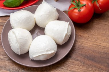 Peynir koleksiyonu, küçük beyaz mozzarella peynir topları kırmızı domates ve taze yeşil fesleğenle servis ediliyor.