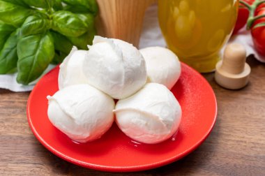 Peynir koleksiyonu, küçük beyaz mozzarella peynir topları kırmızı domates ve taze yeşil fesleğenle servis ediliyor.