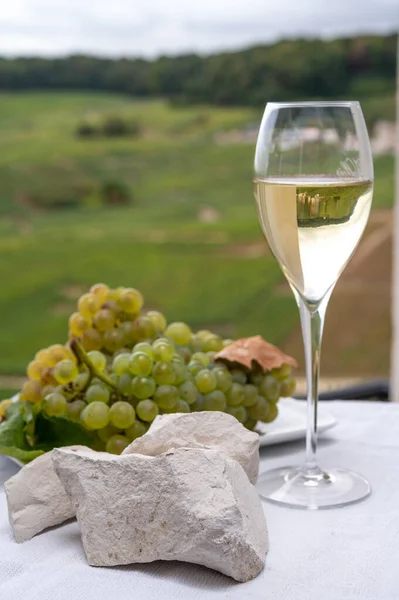 White chalk stones from Cote des Blancs near Epernay, region Champagne, France, glass of blanc de blancs champagne from grand cru vineyards in Cramant and white chardonnay grapes close up