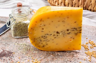 Peynir koleksiyonu, bir parça sert sarı Hollanda gouda peyniri kurutulmuş sazan ya da kimyon tohumu yakın çekim
