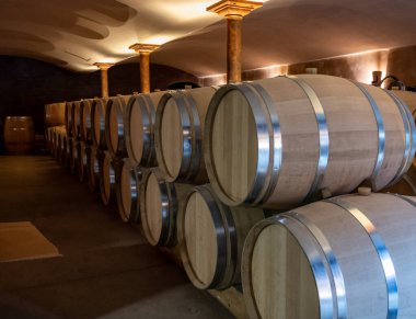 Fransa 'nın güneyinde, Collobrieres, Provence bölgesi yakınlarındaki Cotes de Provence' de şarap mahzeninde şarap fıçıları bulunan mağara, Fransa 'da kırmızı ve gül şarabı üretimi